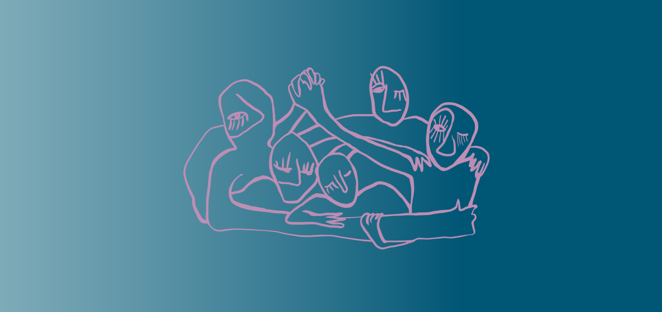 illustratie van vijf mensen met ingewikkelde onderlinge relaties en verbanden